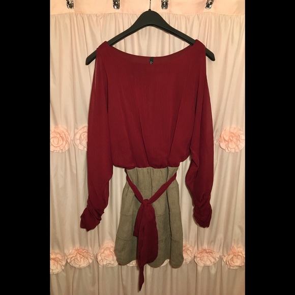 Burgundy Sheer Tan Suede Long Sleeve Dress - Picture 7 of 9
